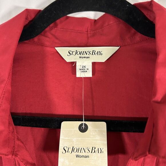 New St John's Bay Blouse Women's 2X Red Button Up Long Sleeve Vneck Collared - Picture 4 of 9